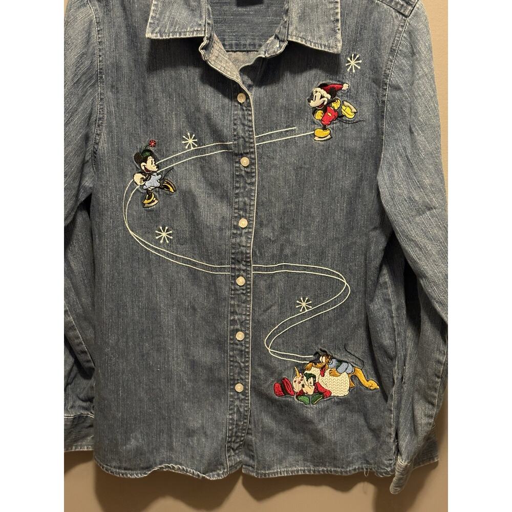 Disney Shopping Denim Holiday Christmas Embroidered Long Sleeve Top Size Large - Picture 2 of 8